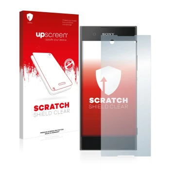 Front side of a product packaging with the brand logo upscreen. Next to it is the device Sony Xperia XA1 shown with the corres