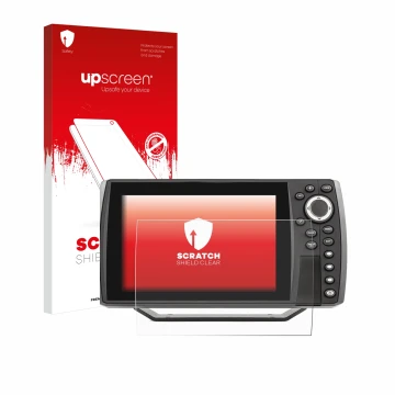 Front side of a product packaging with the brand logo upscreen. Next to it is the device Humminbird Helix 7 shown with the cor