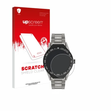 Front side of a product packaging with the brand logo upscreen. Next to it is the device TAG Heuer Connected Modular 45 shown 