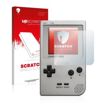 Front side of a product packaging with the brand logo upscreen. Next to it is the device Nintendo Gameboy Pocket shown with th