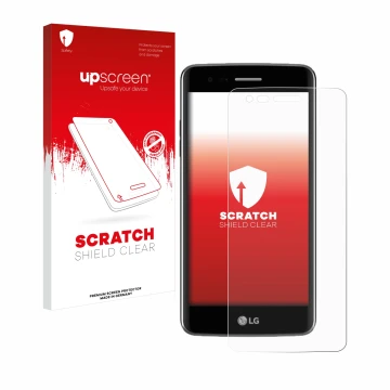 Front side of a product packaging with the brand logo upscreen. Next to it is the device LG K8 2017 shown with the correspondi