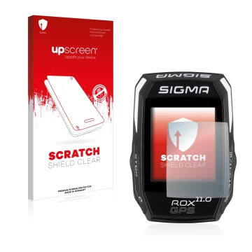Front side of a product packaging with the brand logo upscreen. Next to it is the device Sigma ROX GPS 11.0 shown with the cor