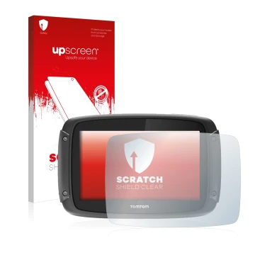 Front side of a product packaging with the brand logo upscreen. Next to it is the device TomTom Rider 450 shown with the corre