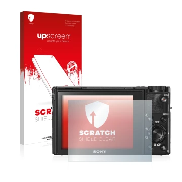 Front side of a product packaging with the brand logo upscreen. Next to it is the device Sony Cyber-Shot DSC-RX100 V shown wit