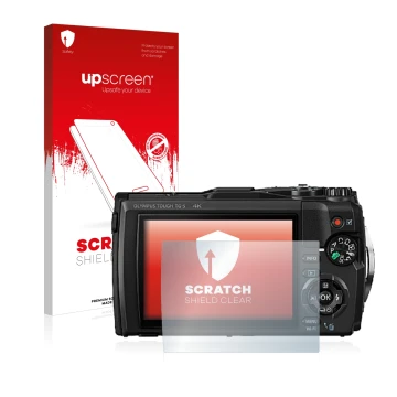 Front side of a product packaging with the brand logo upscreen. Next to it is the device Olympus Tough TG-5 shown with the cor