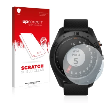 Front side of a product packaging with the brand logo upscreen. Next to it is the device Garmin Approach S60 shown with the co