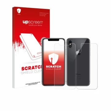 Front side of a product packaging with the brand logo upscreen. Next to it is the device Apple iPhone X (Front+Back) shown wit