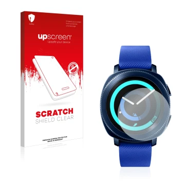 Front side of a product packaging with the brand logo upscreen. Next to it is the device Samsung Gear Sport shown with the cor