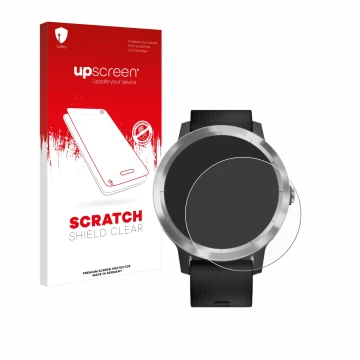 Front side of a product packaging with the brand logo upscreen. Next to it is the device Garmin vivoactive 3 shown with the co