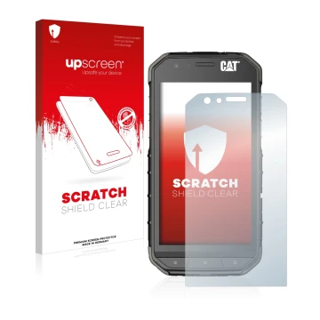 Front side of a product packaging with the brand logo upscreen. Next to it is the device Caterpillar Cat S31 shown with the co