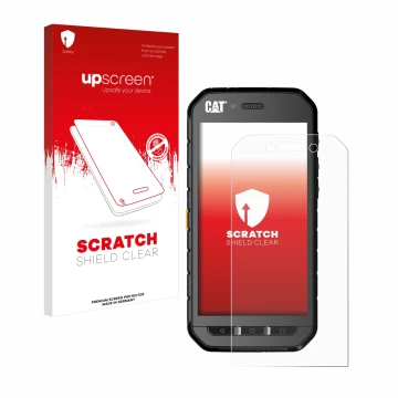 Front side of a product packaging with the brand logo upscreen. Next to it is the device Caterpillar Cat S41 shown with the co