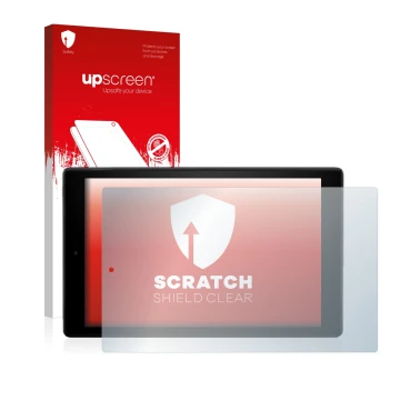 Front side of a product packaging with the brand logo upscreen. Next to it is the device Amazon Fire HD 10 2017 (7th Gen.) sho