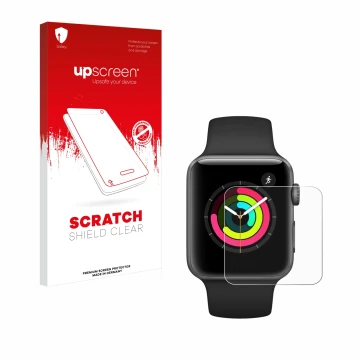 Front side of a product packaging with the brand logo upscreen. Next to it is the device Apple Watch Series 3 (42 mm) shown wi