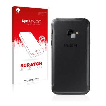 Front side of a product packaging with the brand logo upscreen. Next to it is the device Samsung Galaxy XCover 4 (ONLY Camera 