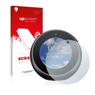 Front side of a product packaging with the brand logo upscreen. Next to it is the device Amazon Echo Spot shown with the corre