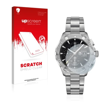 Front side of a product packaging with the brand logo upscreen. Next to it is the device TAG Heuer Aquaracer (43 mm) shown wit