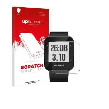 Front side of a product packaging with the brand logo upscreen. Next to it is the device Garmin Forerunner 30 shown with the c