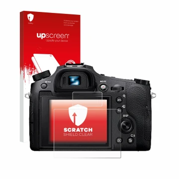 Front side of a product packaging with the brand logo upscreen. Next to it is the device Sony Cyber-Shot DSC-RX10 IV shown wit