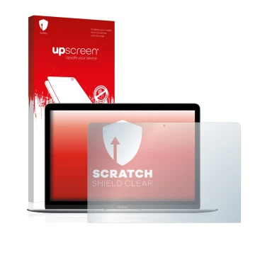 Front side of a product packaging with the brand logo upscreen. Next to it is the device Apple MacBook Retina 12
