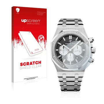 Front side of a product packaging with the brand logo upscreen. Next to it is the device Audemars Piguet Royal Oak (41 mm) sho