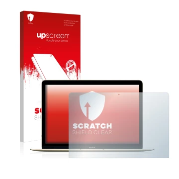 Front side of a product packaging with the brand logo upscreen. Next to it is the device Apple MacBook Retina 12