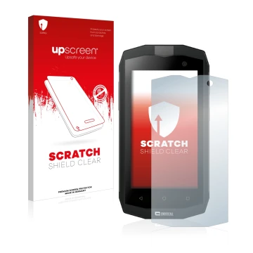 Front side of a product packaging with the brand logo upscreen. Next to it is the device Crosscall Trekker M1 Core shown with 