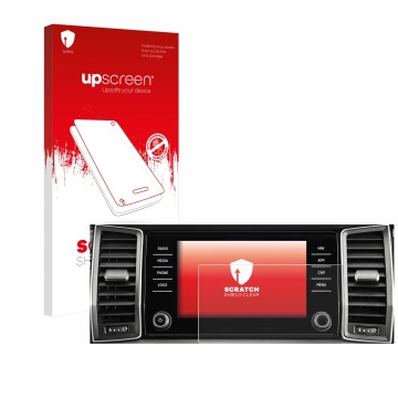 Front side of a product packaging with the brand logo upscreen. Next to it is the device Skoda Columbus Kodiaq 2017-2018 Infot