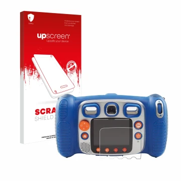 Front side of a product packaging with the brand logo upscreen. Next to it is the device Vtech Kidizoom Duo 5.0 shown with the