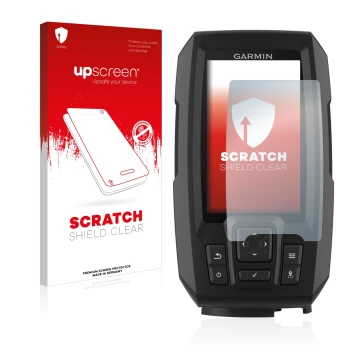 Front side of a product packaging with the brand logo upscreen. Next to it is the device Garmin Striker Plus 4 shown with the 