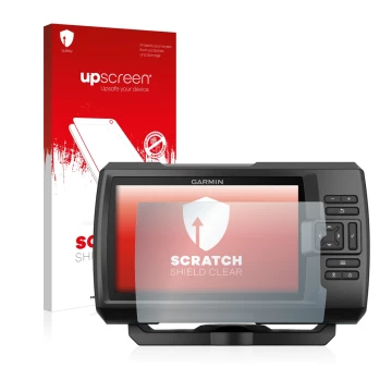 Front side of a product packaging with the brand logo upscreen. Next to it is the device Garmin Striker Plus 5cv shown with th