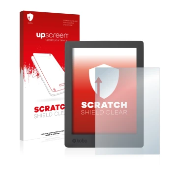 Front side of a product packaging with the brand logo upscreen. Next to it is the device Kobo Aura H2O Edition 2 shown with th