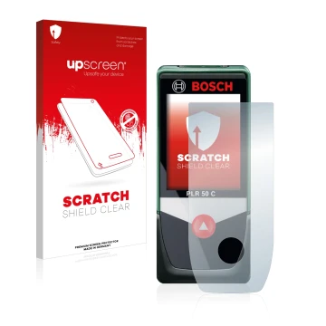 Front side of a product packaging with the brand logo upscreen. Next to it is the device Bosch PLR 50 C shown with the corresp