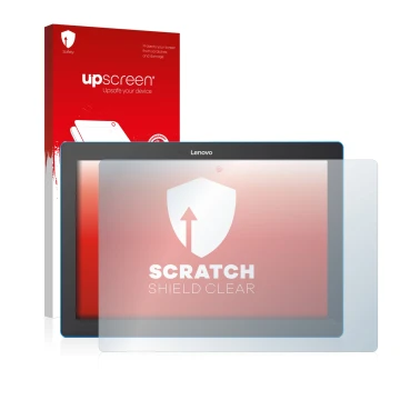 Front side of a product packaging with the brand logo upscreen. Next to it is the device Lenovo Tab 10 TB-X103F shown with the