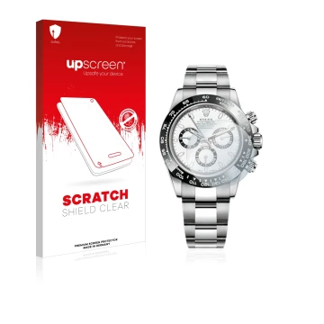 Front side of a product packaging with the brand logo upscreen. Next to it is the device Rolex Cosmograph Daytona (40 mm) show