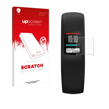 Front side of a product packaging with the brand logo upscreen. Next to it is the device Garmin Vivofit 4 shown with the corre