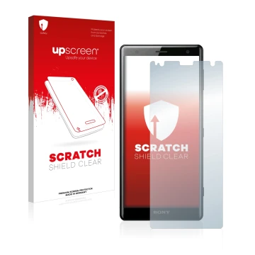 Front side of a product packaging with the brand logo upscreen. Next to it is the device Sony Xperia XZ2 shown with the corres