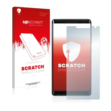 Front side of a product packaging with the brand logo upscreen. Next to it is the device Nokia 8 Sirocco shown with the corres