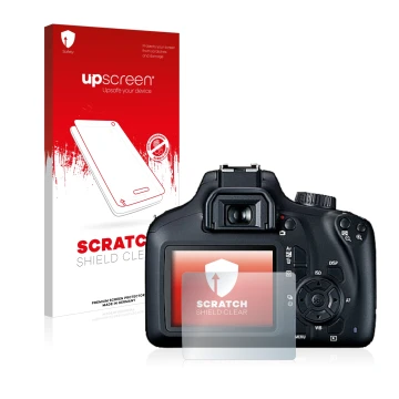 Front side of a product packaging with the brand logo upscreen. Next to it is the device Canon EOS 4000D shown with the corres