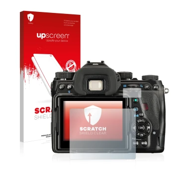Front side of a product packaging with the brand logo upscreen. Next to it is the device Pentax K-1 Mark II shown with the cor