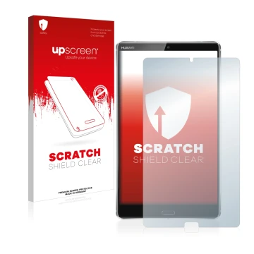 Front side of a product packaging with the brand logo upscreen. Next to it is the device Huawei MediaPad M5 8.4 shown with the