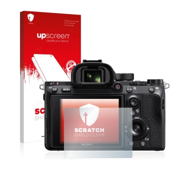 Front side of a product packaging with the brand logo upscreen. Next to it is the device Sony Alpha 7R III shown with the corr