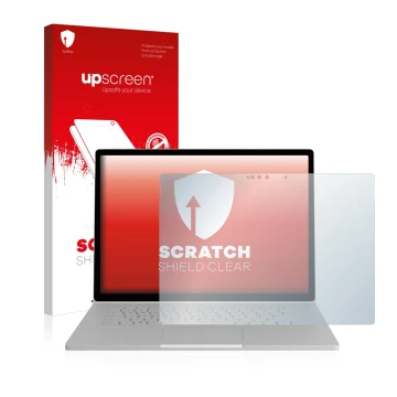 Front side of a product packaging with the brand logo upscreen. Next to it is the device Microsoft Surface Book 2 15