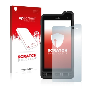 Front side of a product packaging with the brand logo upscreen. Next to it is the device Sonim XP8 shown with the correspondin