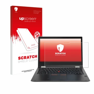 Front side of a product packaging with the brand logo upscreen. Next to it is the device Lenovo ThinkPad Yoga X380 shown with 