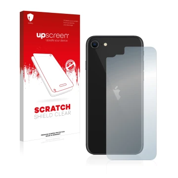 Front side of a product packaging with the brand logo upscreen. Next to it is the device Apple iPhone SE 2 2020 (Back) shown w
