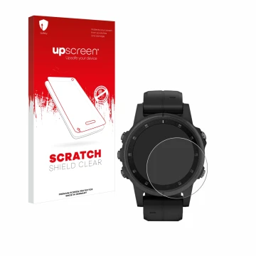 Front side of a product packaging with the brand logo upscreen. Next to it is the device Garmin Fenix 5S Plus (42 mm) shown wi