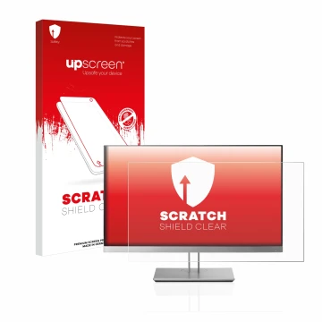 Front side of a product packaging with the brand logo upscreen. Next to it is the device HP EliteDisplay E233 shown with the c