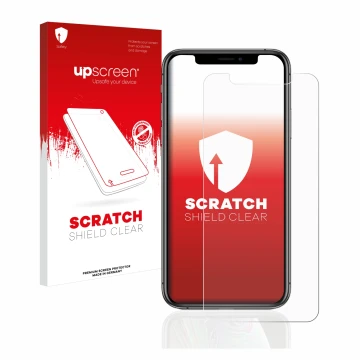 Front side of a product packaging with the brand logo upscreen. Next to it is the device Apple iPhone Xs shown with the corres