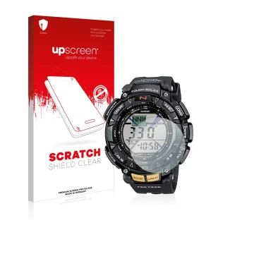 Front side of a product packaging with the brand logo upscreen. Next to it is the device Casio Pro Trek PRG-240-1ER shown with