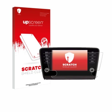 Front side of a product packaging with the brand logo upscreen. Next to it is the device Skoda Amundsen Superb 2018 Infotainme